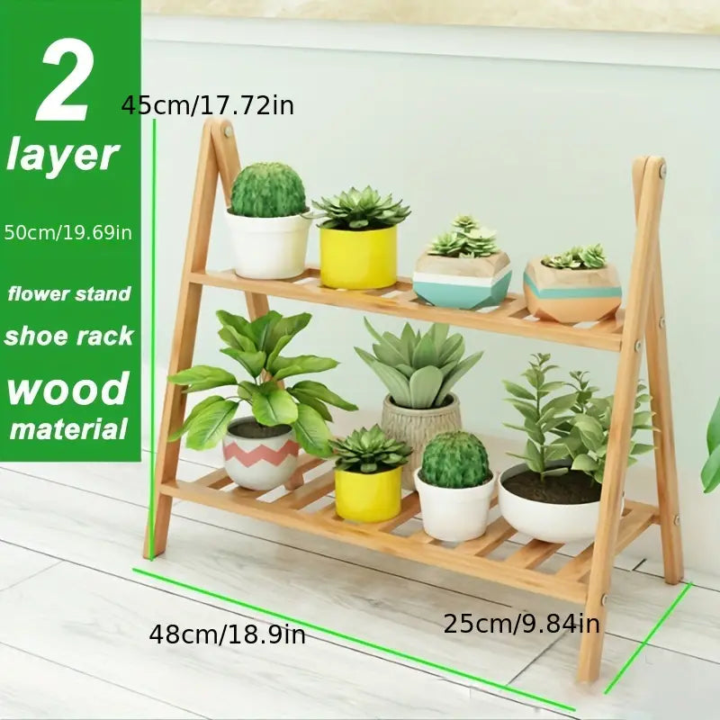 1pc Simple 2-Tier Flower Stand, Freestanding Balcony Wall Flower Pot Stand, Living Room Solid Wood Folding Flower Shelf