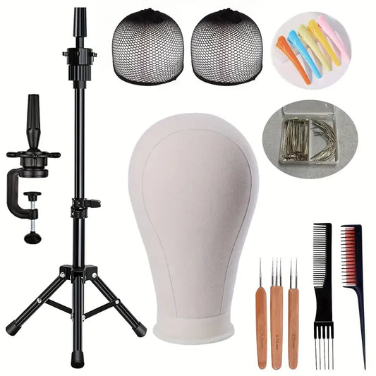 22 Inch Wig Head, Wig Stand Tripod With Head, Canvas Wig Head, Mannequin Head For Wigs, Manikin Canvas Head Block Set For Wigs Making Display With Wig Caps T/C Pins Set