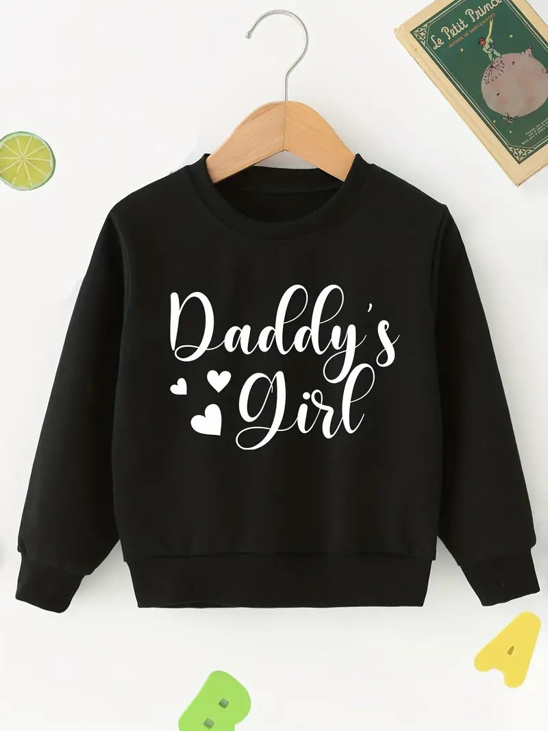 Girls Casual Simple Pullover Sweatshirt With "Daddy's Girl" Print, Long Sleeve Crew Neck Top For Winter And Autumn