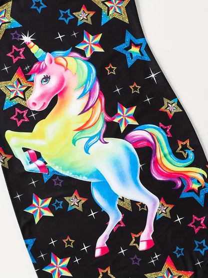 Toddler Girls Cute Unicorn And Colorful Stars Graphic Princess Bodycon Cami Dress For Party Beach Vacation Kids Summer Clothes