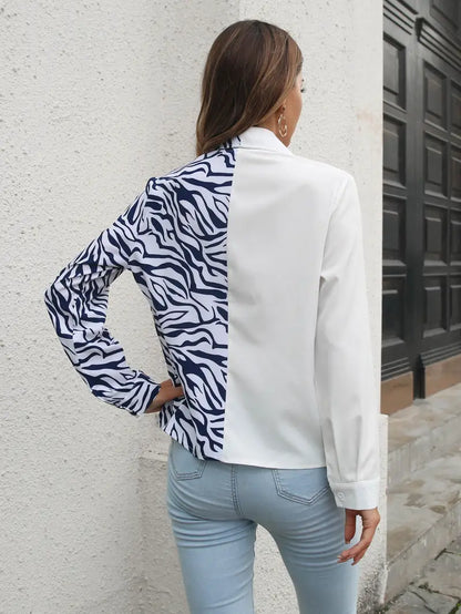 Women's Blouse Color Block Button Front Mini Blazer Leopard Panel Long Sleeve Blouse