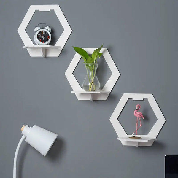 3pcs Hexagon Wall Shelf Punch Free Bedside Wall Display Stand Wall Mounted Flower Pot Holder Tv Background Hanging Organizer For Home Bedroom Living Room Decoracion