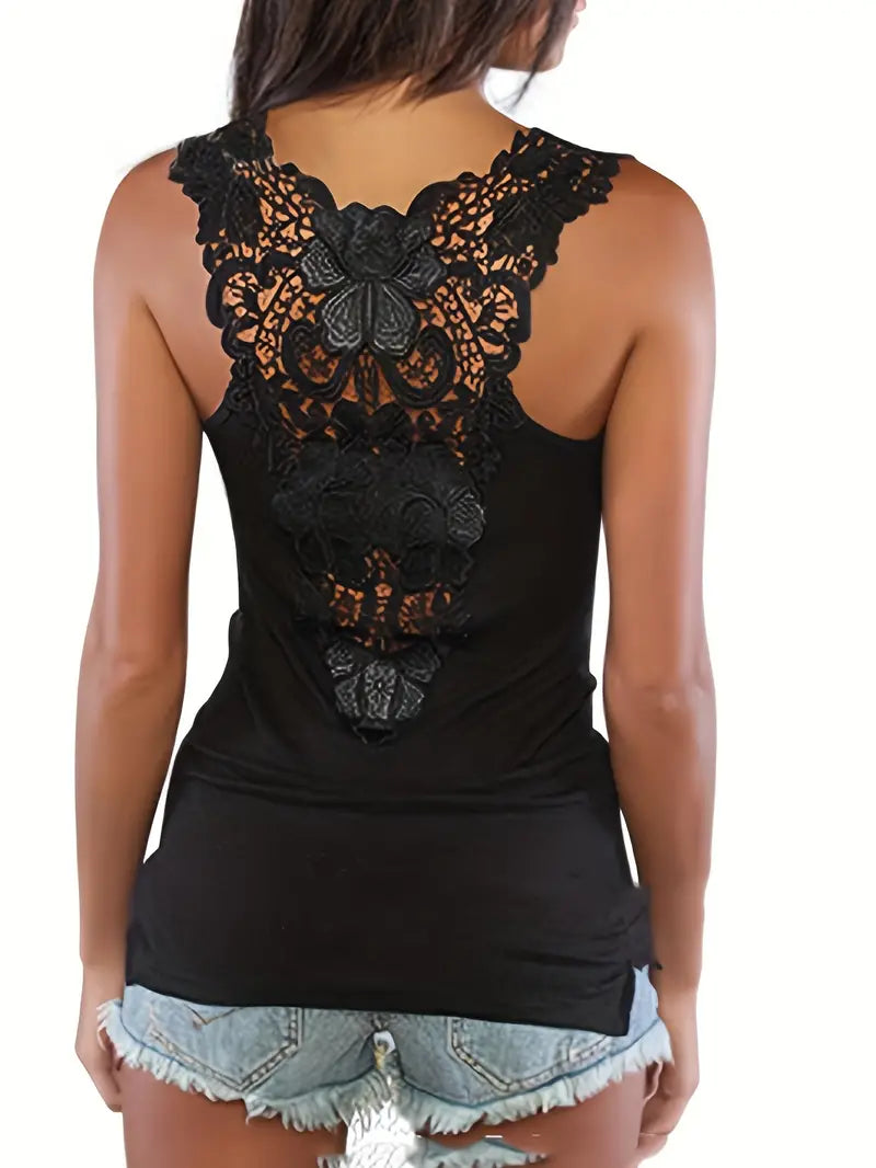 Solid Lace Splicing Tank Top, Casual Crew Neck Sleeveless Slim Tank Top