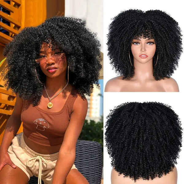 14 Inch Short Afro Kinky Curly Wigs With Bangs For Women Synthetic Heat Resistant Hair Replacement Wig