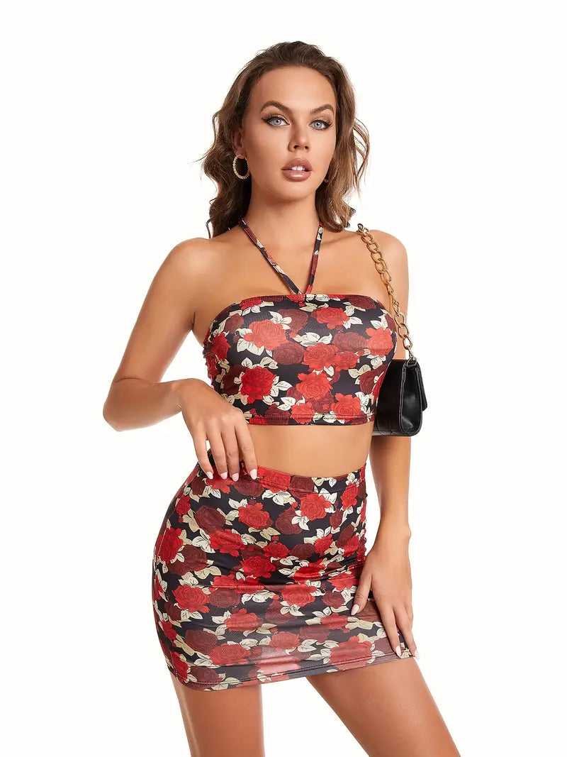 Floral Print Casual Stretchy Two-piece Set, Off Shoulder Crop Top & Bag Hip Slim Mini Skirts Set, Women's Clothing