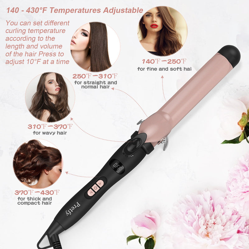 Pretfy Curling Iron, 1.25 Inch Professional Hair Culer with Tourmaline Ceramic Coating 140-430℉ for All Types Hair, Rose Gold