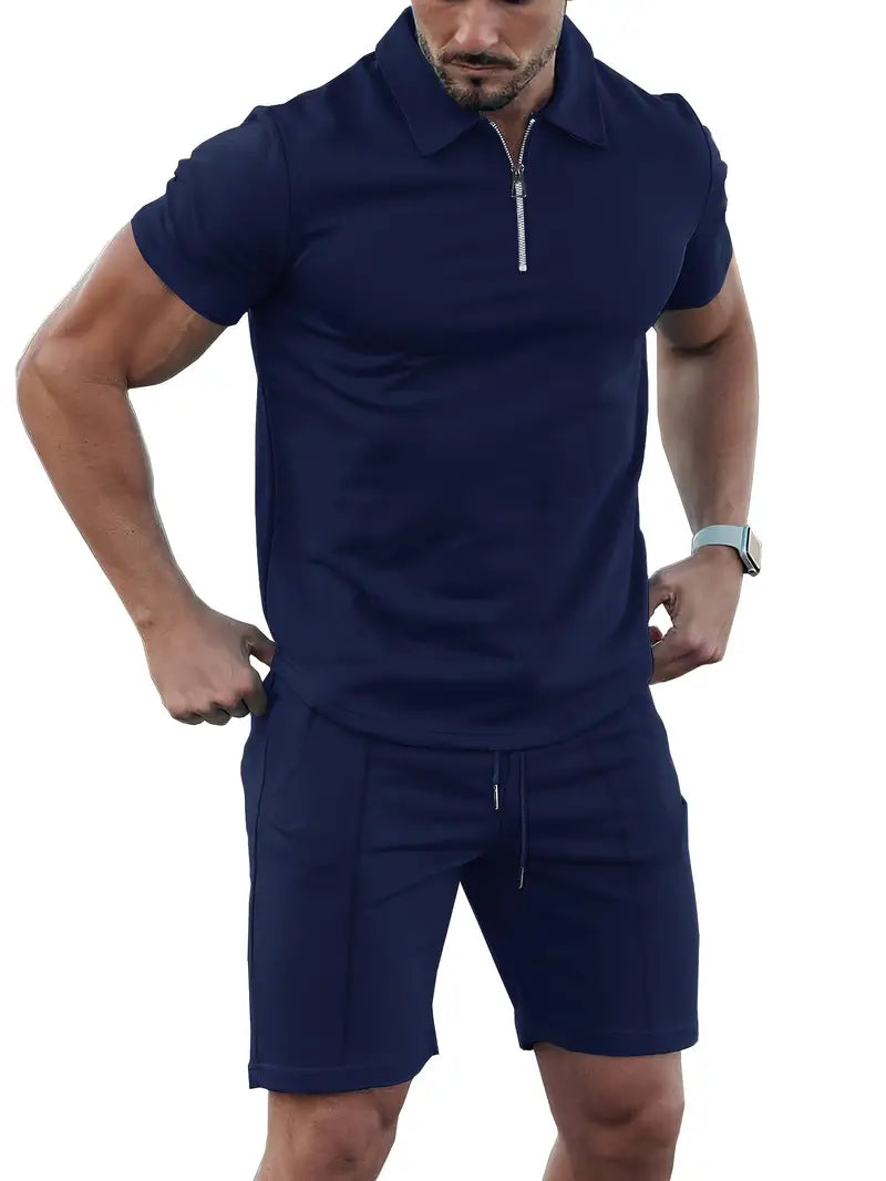 2pcs Men's Solid Color Sports Suit With Zip-up Polo Shirt & Drawstring Shorts, 5 Sizes Available