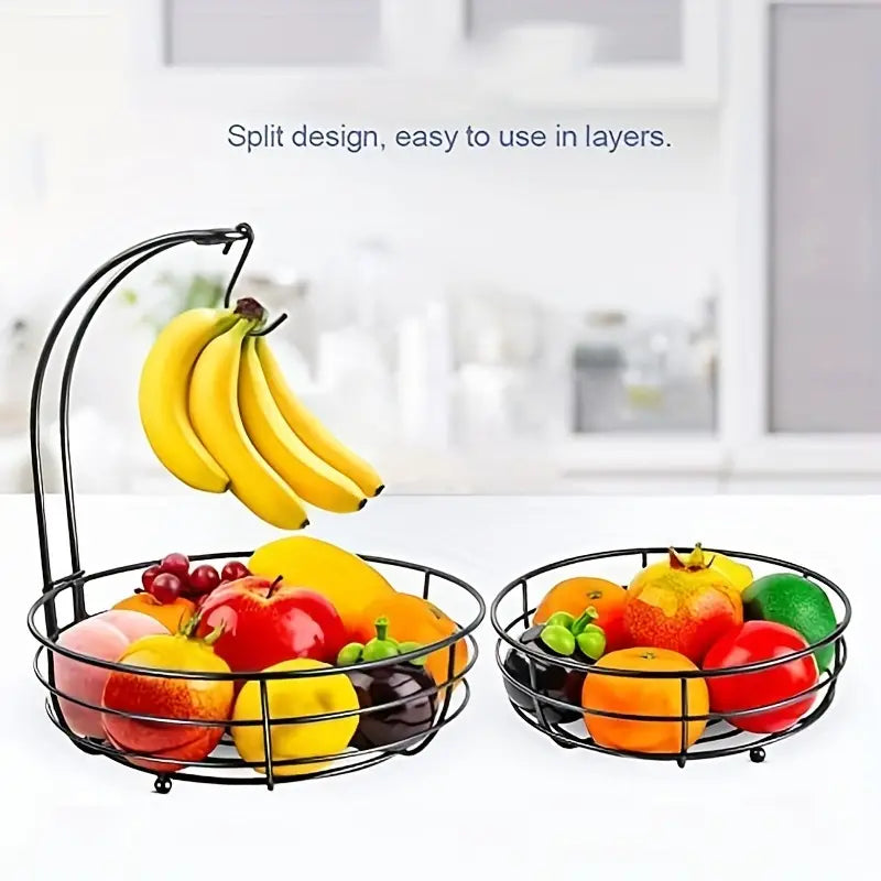 1pc Double-layer Detachable Metal Fruit Basket, Iron 2-Tier Fruit Bowl For Countertop, Fruit Vegetables Storage Basket Bowl With Banana Hanger, Black, 64 Ounces, Gift, Home Kitchen Supplies