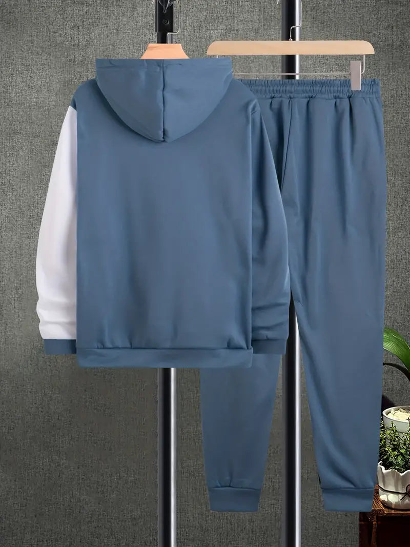 2pcs Men's Casual Smile Face Print Pockets Drawstrings Hoodies Sport Sweatshirt & Sweatpants