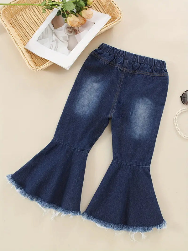 Toddler Girls Asymmetrical Raw Hem Jeans Pocket Elastic Waist Denim Flare Leg Pants Kids Spring Summer Clothes