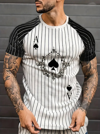 Spade A And Stripe Print, Men's Casual Stretch Loose Novelty T-shirt For Summer