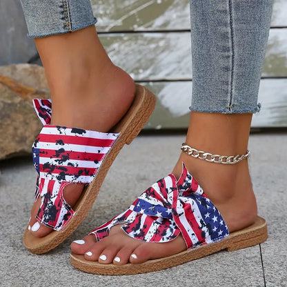 Women's Flag Pattern Slide Sandals, Bowknot Toe Loop Slip On Flat Shoes, Casual Sandals For The 4th Of July