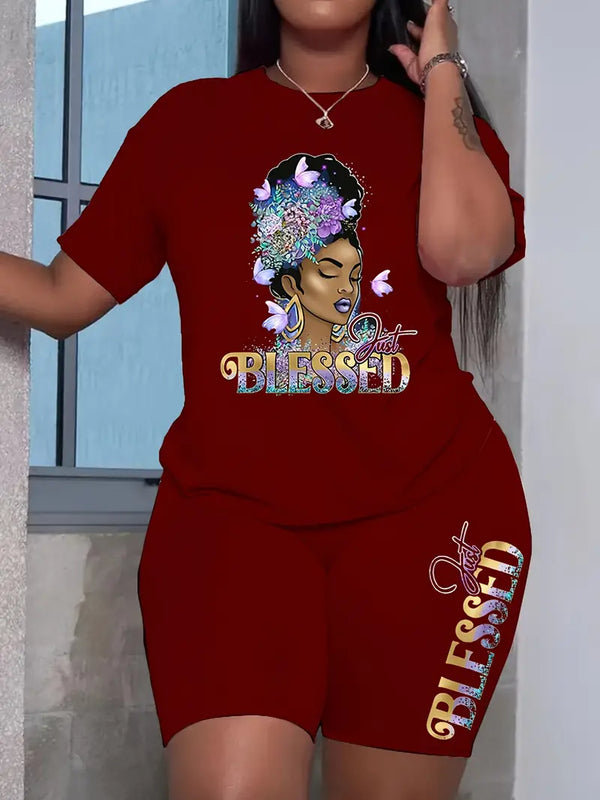 Blessed Girl Print 2 Pieces Set, Crew Neck Short Sleeve T-shirt & Bodycon Shorts Outfits, Women's Clothing