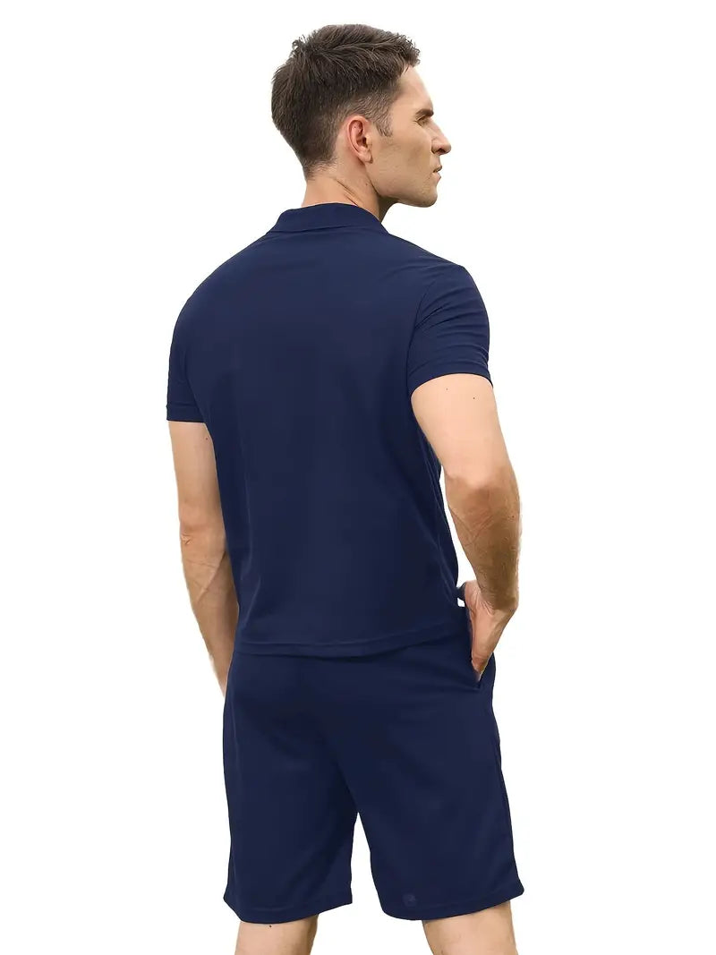 2pcs Men's Solid Color Sports Suit With Zip-up Polo Shirt & Drawstring Shorts, 5 Sizes Available