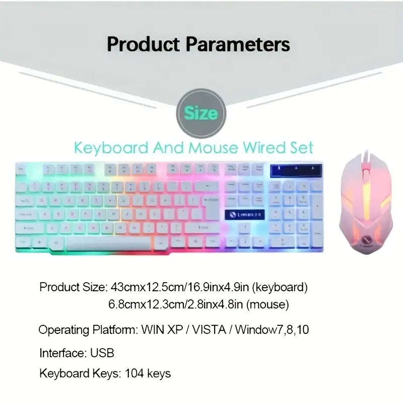 Colorful Backlit Keyboard & Mouse Set - Wired USB Installation - Enhance Your Computer Experience! Illuminated Keyboard With Immersive Feel And Ergonomic Design