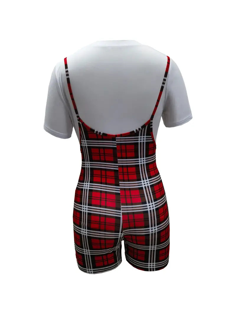 Casual Spring & Summer Two-piece Set, Plaid Print Spaghetti Short Length Jumpsuit & Letter Print Short Sleeve Tops Outfits, Women's Clothing