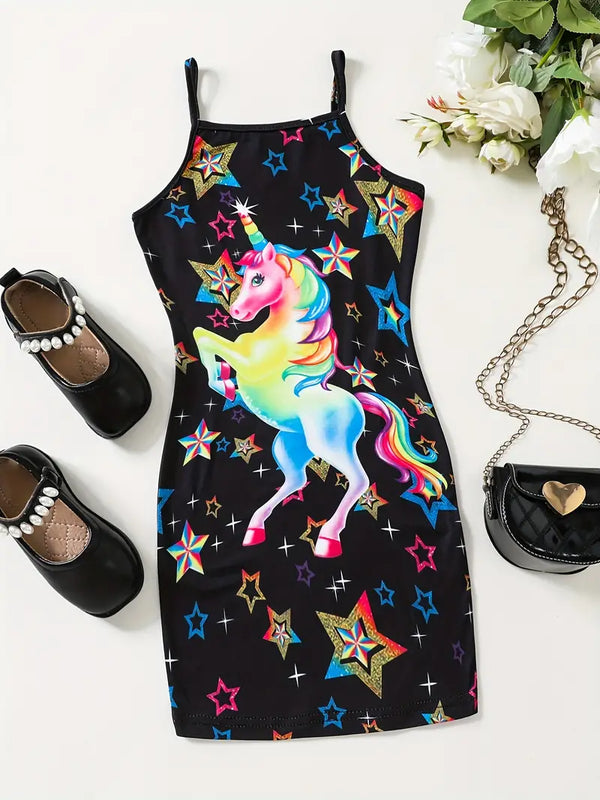 Toddler Girls Cute Unicorn And Colorful Stars Graphic Princess Bodycon Cami Dress For Party Beach Vacation Kids Summer Clothes
