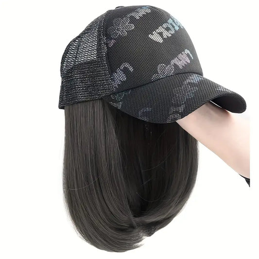Hat Wigs 10 Inch Short Straight Hair Wigs With Peaked Cap Hat With Synthetic Hair Attached For Women Girls For Daily Use