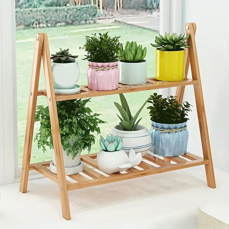 1pc Simple 2-Tier Flower Stand, Freestanding Balcony Wall Flower Pot Stand, Living Room Solid Wood Folding Flower Shelf