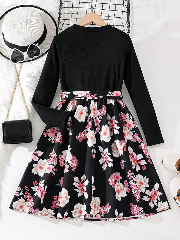 Girls Long Sleeves Round Neck Flowers Splicing Belted Dress For Party Kids Spring Clothes