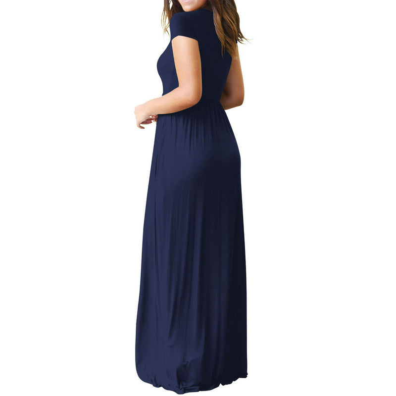 Women's Maxi Dresses Short Sleeve Long Casual Dresses Loose Plain with Pockets, Navy Blue