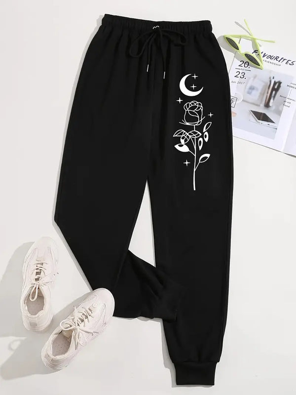 Casual Moon & Rose Print Drawstring High Waisted Sweatpants, Casual Every Day Pants