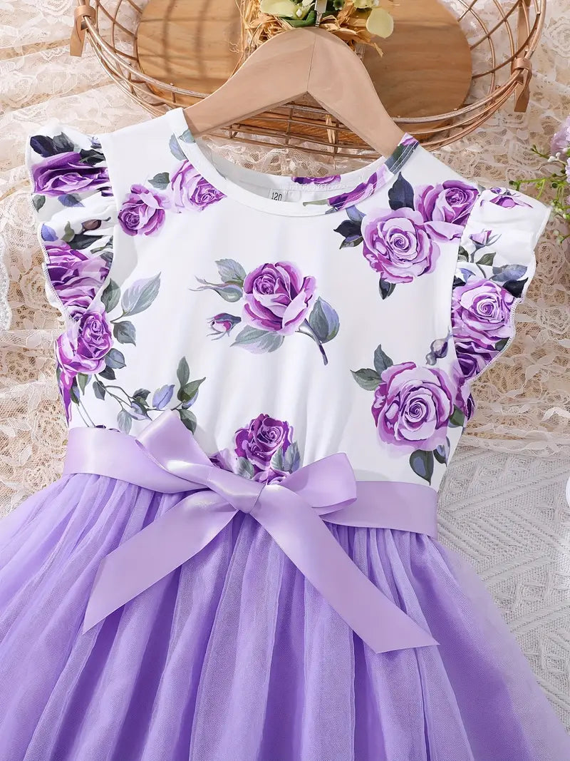 Girls Floral Graphic Ruffle Trim Bow Mesh Hem Princess Dress For Party Beach Vacation Kids Summer Clothes