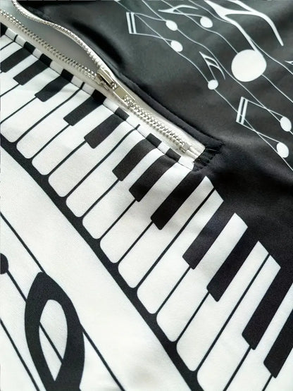 Piano Keys Music Casual Short Sleeves Polo Shirts, Zipper V-neck Tee, Men's Comfortable Slim Tops Summer Clothing