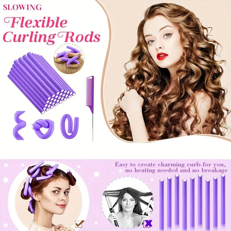30pcs Purple Flexible Hair Curlers - Heatless, No-Heat Curling Rods Set with Rat Tail Comb for Styling and Hairdressing