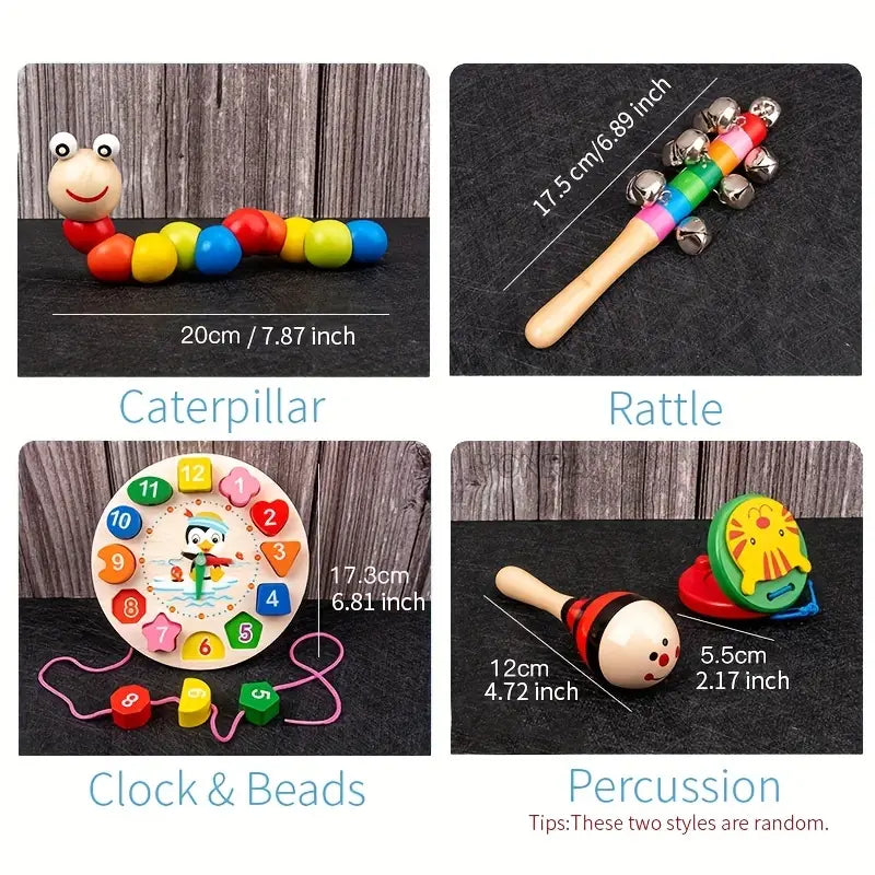 YONRA 9 In 1 Wooden Montessori Toys,Rattle Bell Beaded Rattle Drum Column Set,Musical Instruments,Early Childhood Education,toddler Toys,12 24 36 Months Baby