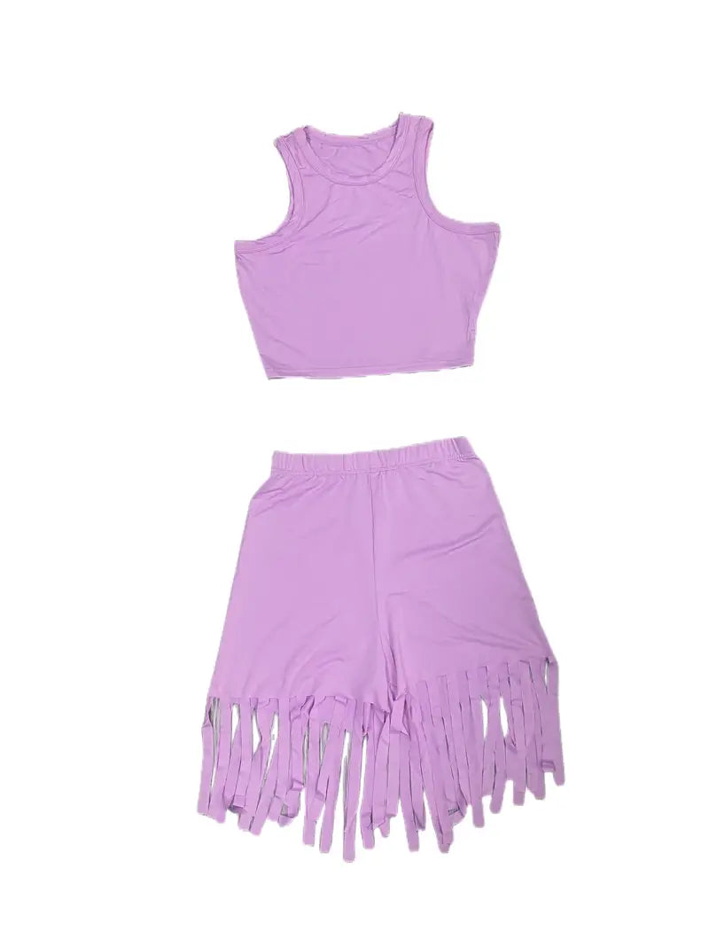 Casual Matching Two-piece Set, Crop Tank Top & Fringe Hem Shorts Outfits, Women's Clothing