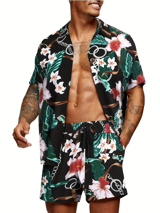 2022 New Green Summer Beach Print Men's Shirt And Shorts 2-Piece Outfits