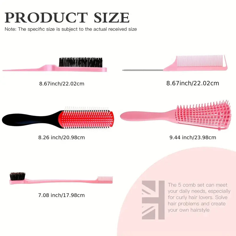 9-Row Detangling Hair Brush Set - Nylon Bristle Brush, Dual Edge Brush, Teasing Brush & Parting Comb - For All Hair Types