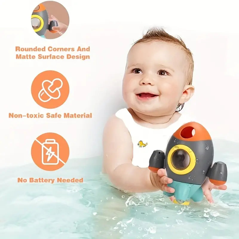 Baby Bath Toy, Space Rocket Shape Bathtub Toy For Toddlers, Spray Water Toys W/ Rotating Fountain,