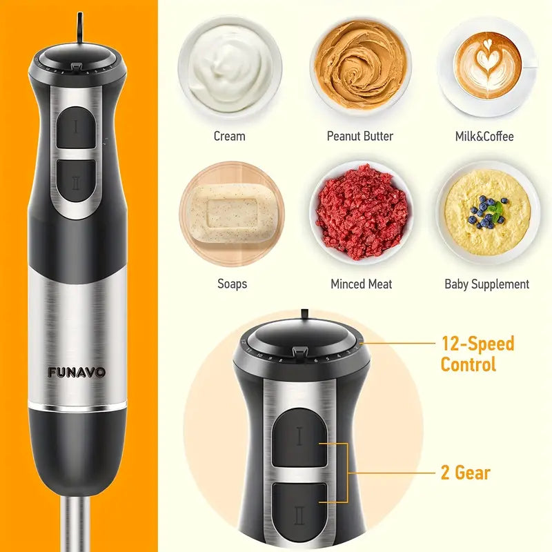 FUNAVO Hand Blender, 800W 5-in-1 Immersion Hand Blender, 12-Speed Multi-function Stick Blender With 500ml Chopping Bowl, Whisk, 600ml Mixing Beaker, Milk Frother Attachments, BPA-Free