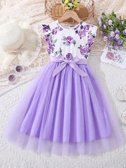 Girls Floral Graphic Ruffle Trim Bow Mesh Hem Princess Dress For Party Beach Vacation Kids Summer Clothes