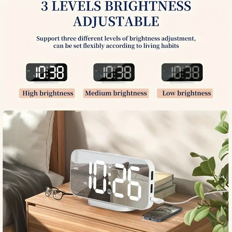 1pc Digital Alarm Clock For Bedroom, 6.7" LED Mirror Clock With 2 USB Charger Port & Dual Alarm, Day Of Week/Easy Snooze Function/12/24H/Large Display, Modern Clock For Aesthetic Room Decor