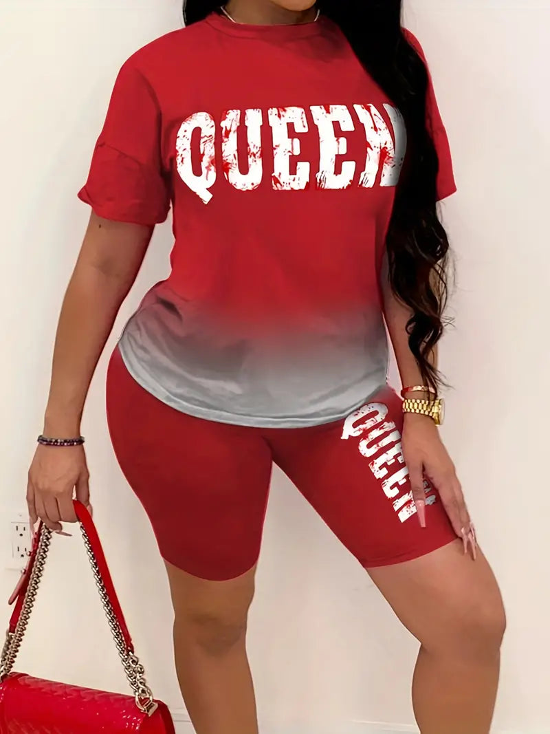 Queen Letter Print Two-piece Set, Casual Short Sleeve T-shirt & High Waist Shorts Outfits, Women's Clothing