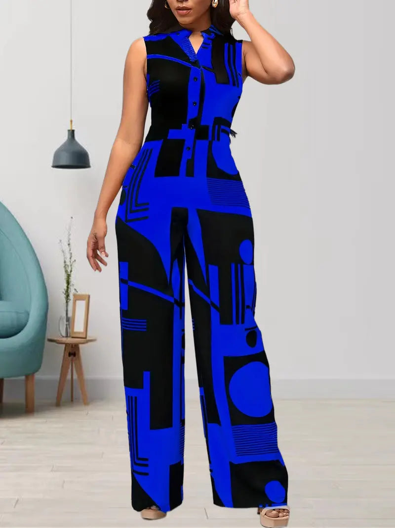 Graphic Print Sleeveless Jumpsuit, Casual V Neck Wide Leg Jumpsuit, Women's Clothing