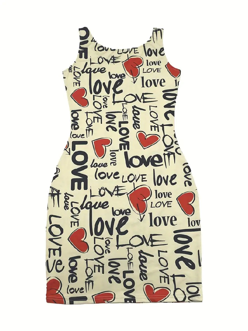 Love & Hearts Print Dress, Sexy Sleeveless Bodycon Scoop Neck Bag Hip Dress, Women's Clothing