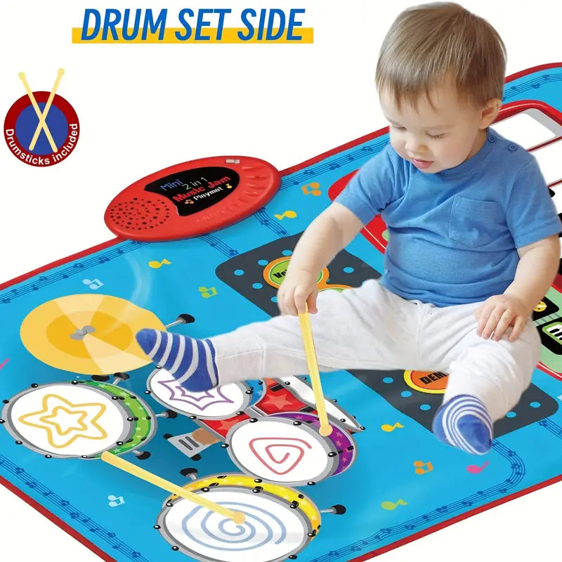 2 In 1 Baby Toys For 1 Year Old Boy Girl, Toddler Piano Keyboard & Drum Floor Mat With Sticks