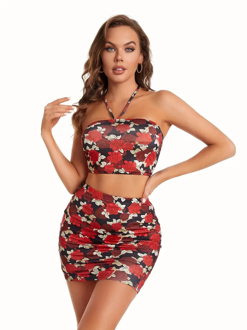 Floral Print Casual Stretchy Two-piece Set, Off Shoulder Crop Top & Bag Hip Slim Mini Skirts Set, Women's Clothing