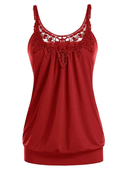 Solid Crew Neck Lace Trim Sleeveless Stitching Vest, Sexy Summer Cami Tank Top