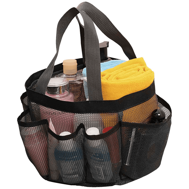 Siaomo Natural Mesh Shower Caddy Portable Shower Tote Bag for College Dorm Essentials, Bathroom, Gym, Camp, Travel, Hanging Shower Caddy Basket, Quick Dry Toiletry Bag (8-Pockets | Black)