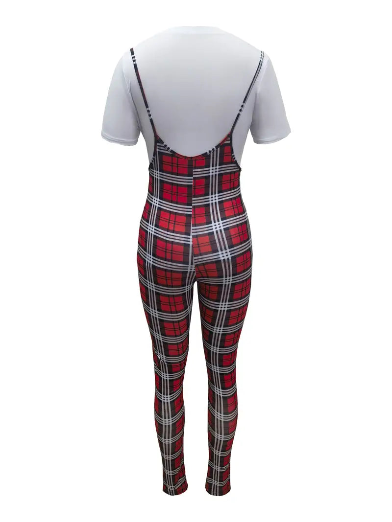 Hourglass Spring & Summer Two-piece Set, Spaghetti Plaid Print Long Length Jumpsuit & Letter Print Short Sleeve Tops Outfits, Women's Clothing