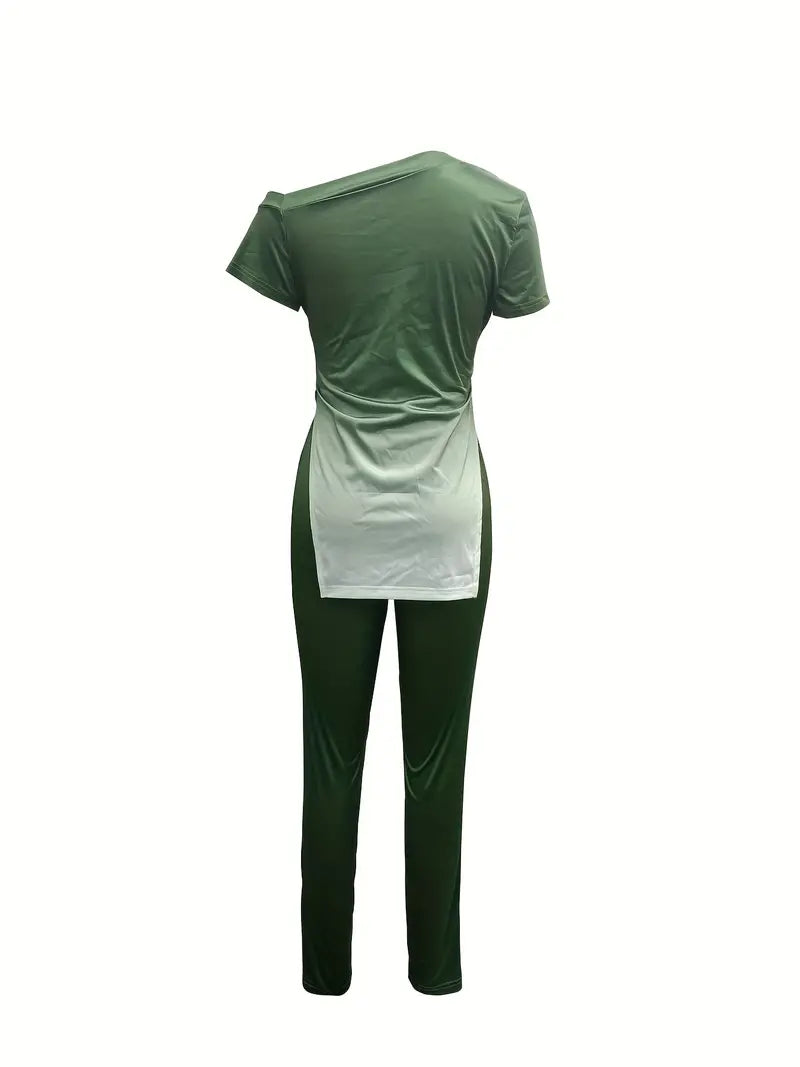 Casual Spring & Summer Two-piece Set, Letter Print Slanted Shoulder Split T-shirt & Slim High Waist Pants Outfits, Women's Clothing