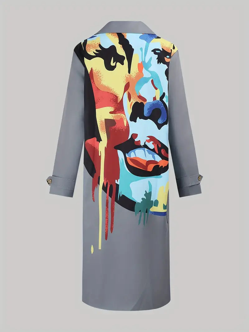 Abstract Print Double Breasted Trench Coat, Versatile Long Sleeve Lapel Overcoat, Women's Clothing