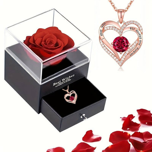 Luxury Red Zircon Pendant Necklaces With Rose Flower Gift Box For Girlfriend