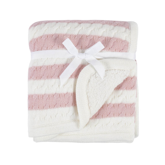 Modern Moments by Gerber Baby Boy or Girl Cable Knit Blanket with Sherpa, Pink Stripes