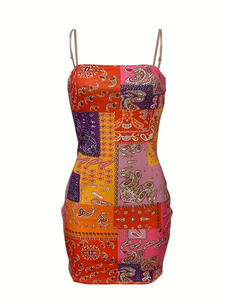Patchwork Print Bodycon Cami Dress, Sexy Backless Spaghetti Dress